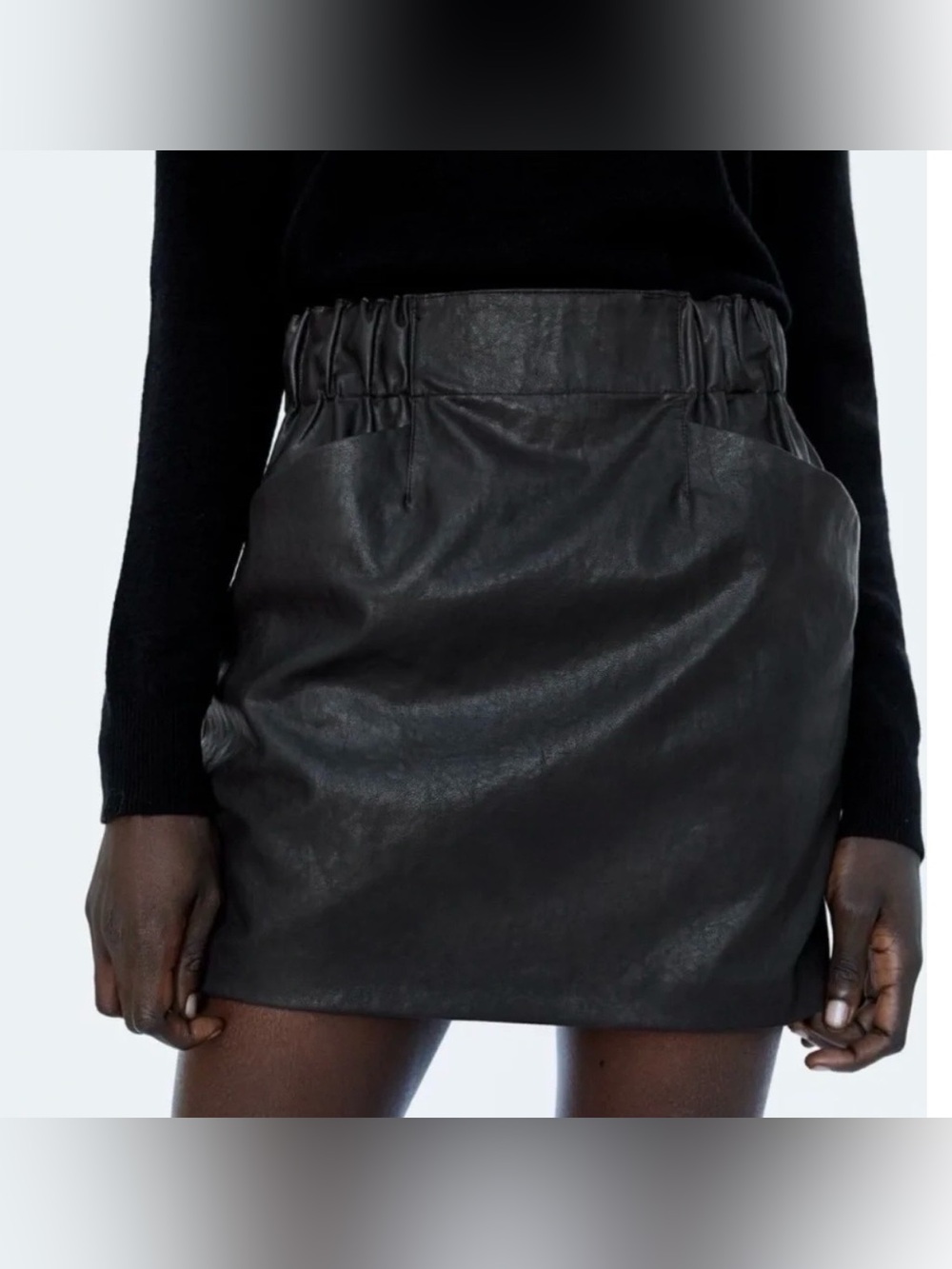 Zara Black Faux Leather Mini Skirt Size XL High Rise Paperbag Waist